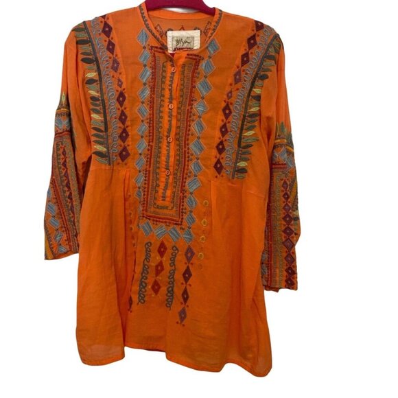 Biya Johnny Was Coral 100% Cotton Embroidered Tunic Top, Size XS, Bohemian Boho - Picture 2 of 10